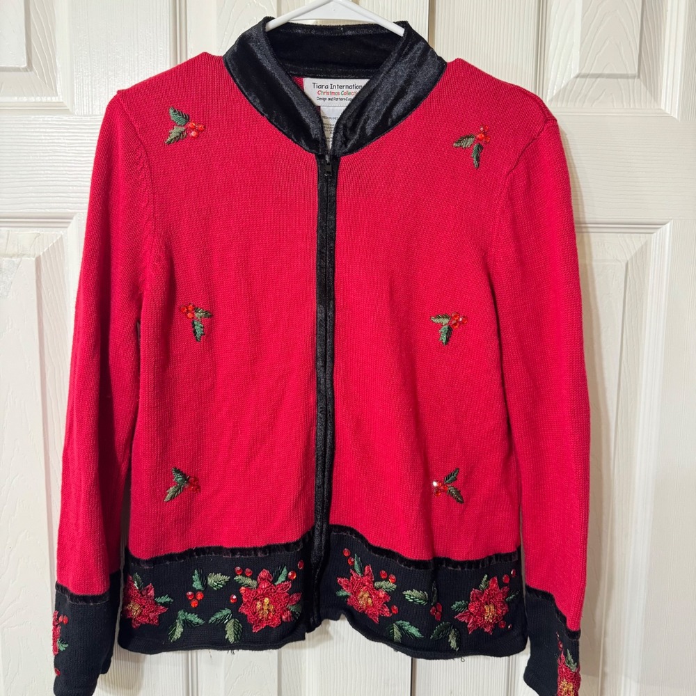 VTG Tiara International Collection Red Black Beaded Christmas urgly Sweater Sz M